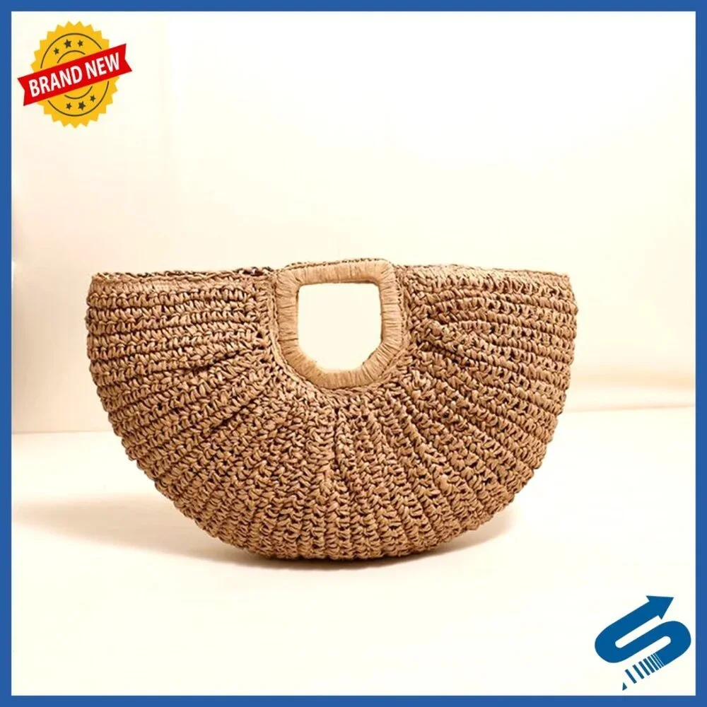 Straw Woven Tote Bag Geometric Handles Beach Holiday Purse Boho Chic
